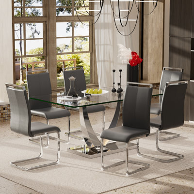 Ensemble de table de salle à manger en verre avec chaises rembourrées en polyuréthane 4/6, base en forme de corne pour la cuisine moderne