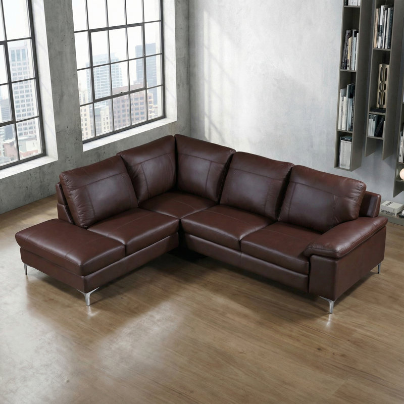 Canapé modulaire contemporain en cuir véritable Dallas avec méridienne faisant face à la gauche, brun 80 po x 98 po