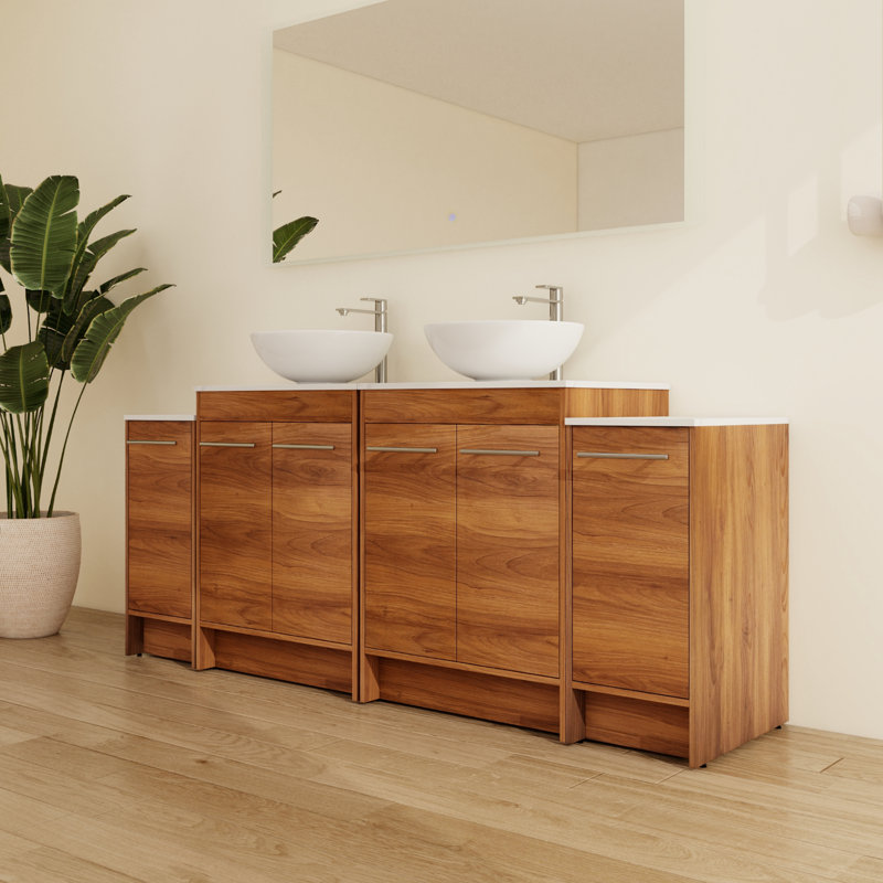 Meuble-lavabo double autoportant de 72 po avec plateau en céramique Aurrie, Bol