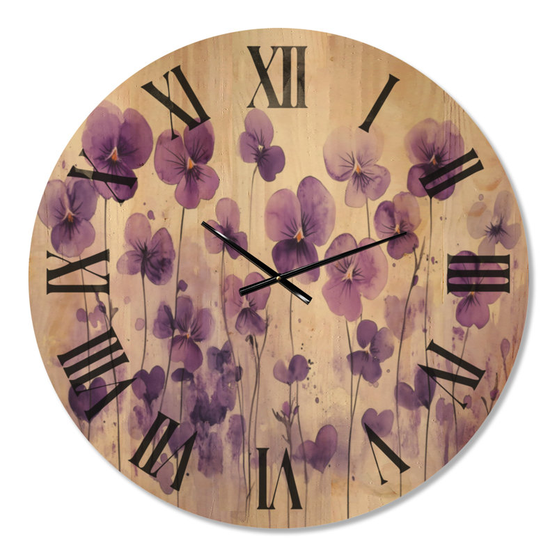 Horloge murale de style cottage, motif de pensées violettes, imprimée sur bois, Très grand