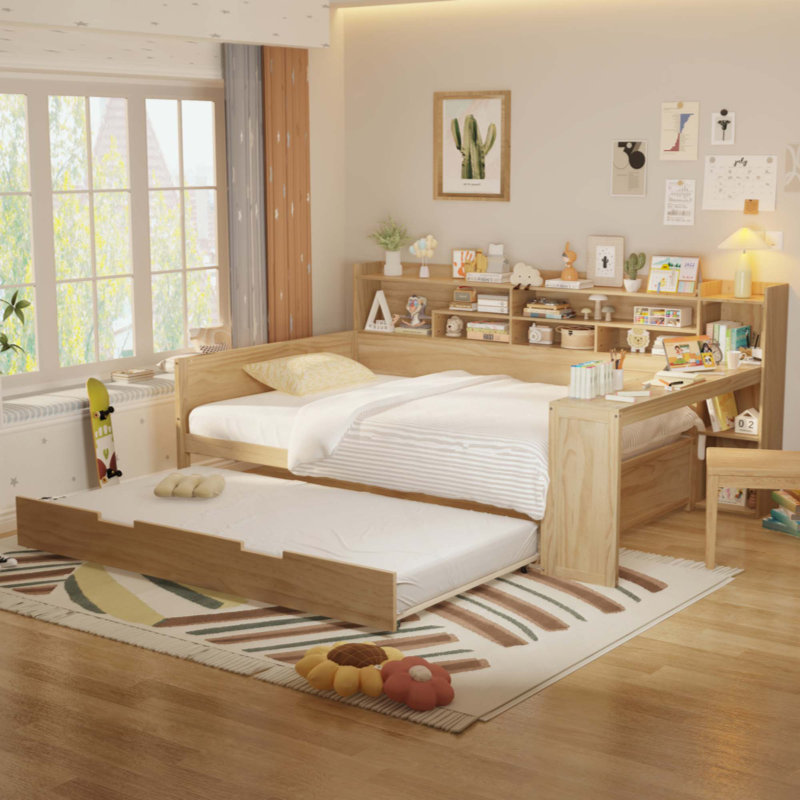 Wooden Daybed With Storage Shelves, Multi-Functional Bed With Trundle Bed And  Study Desk
