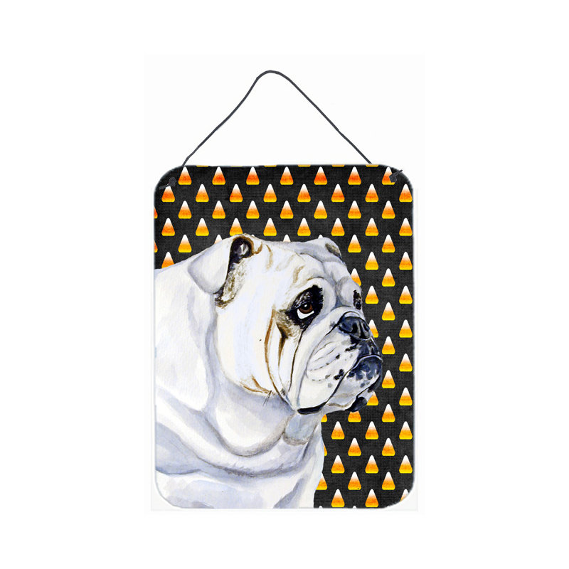 «Burniece Candy Corn», impression d'Halloween sur plaque, Bulldog Anglais (blanc)