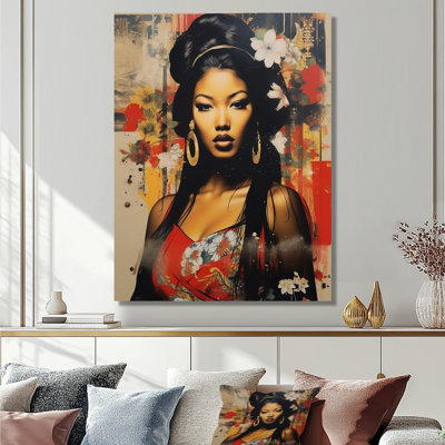 Asian Retro Flower Beauty Collage - Woman Floral Wall Art