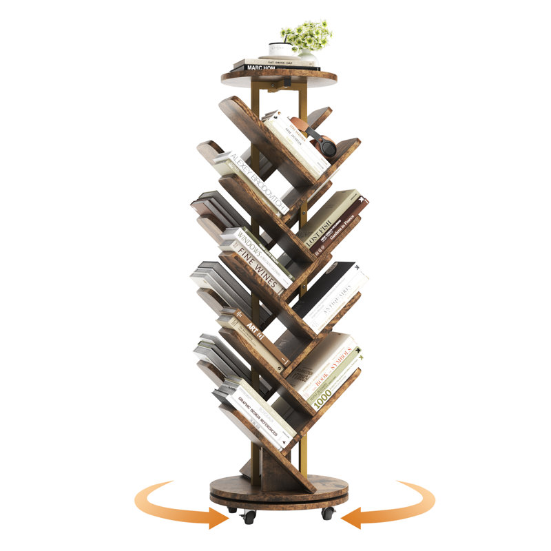 127cm H x 40cm W Metal Step Bookcase,16-Tier Tree Rotating Bookshelf, 360 Degree Spinning Standing Bookcase, Corner Bookcase with casters