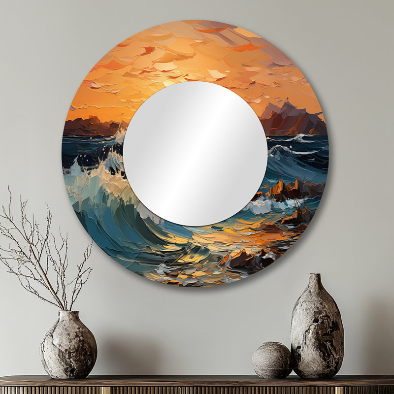 Orange Teal Lyrical Abstraction Lyrical Sunset - Lyrical Abstraction Wall Mirror, Orange Round Decorative Mirror, Printed Metal Art