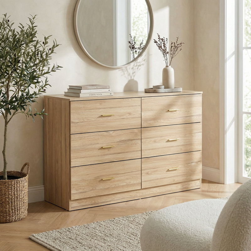 Commode de chambre moderne à six tiroirs avec rangement spacieux et design épuré pour les espaces de vie organisés, Naturel