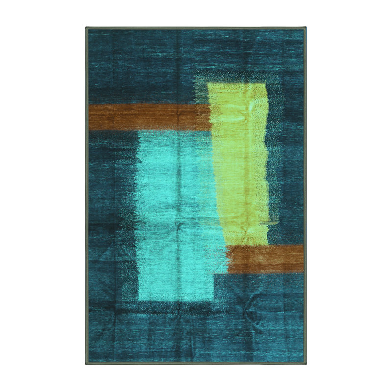 Tapis abstrait bleu / jaune / bleu marine Mizelle, Rectangle 5 pi x 7 pi