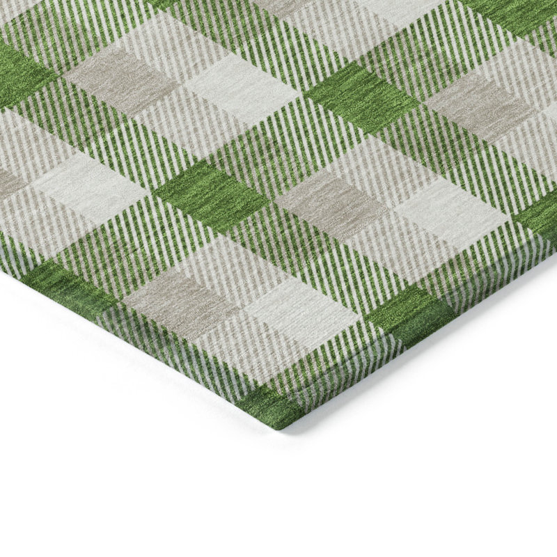 Emerald Green and Beige Plaid Washable Synthetic Area Rug