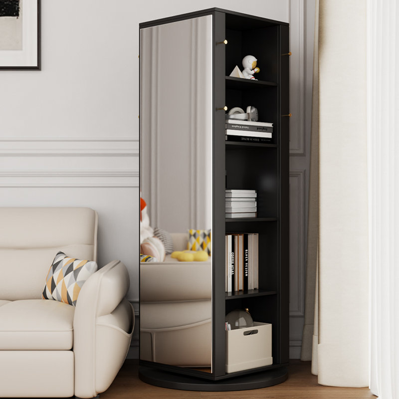 Bibliothèque rotative avec miroir, (4 tablettes) H 64,96 po x l 27,56 po x P 27,56 po, Noir
