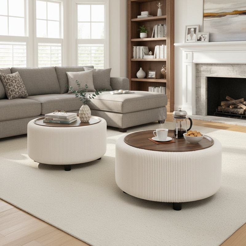 Pietsch Round Coffee Table With Storage, Beige
