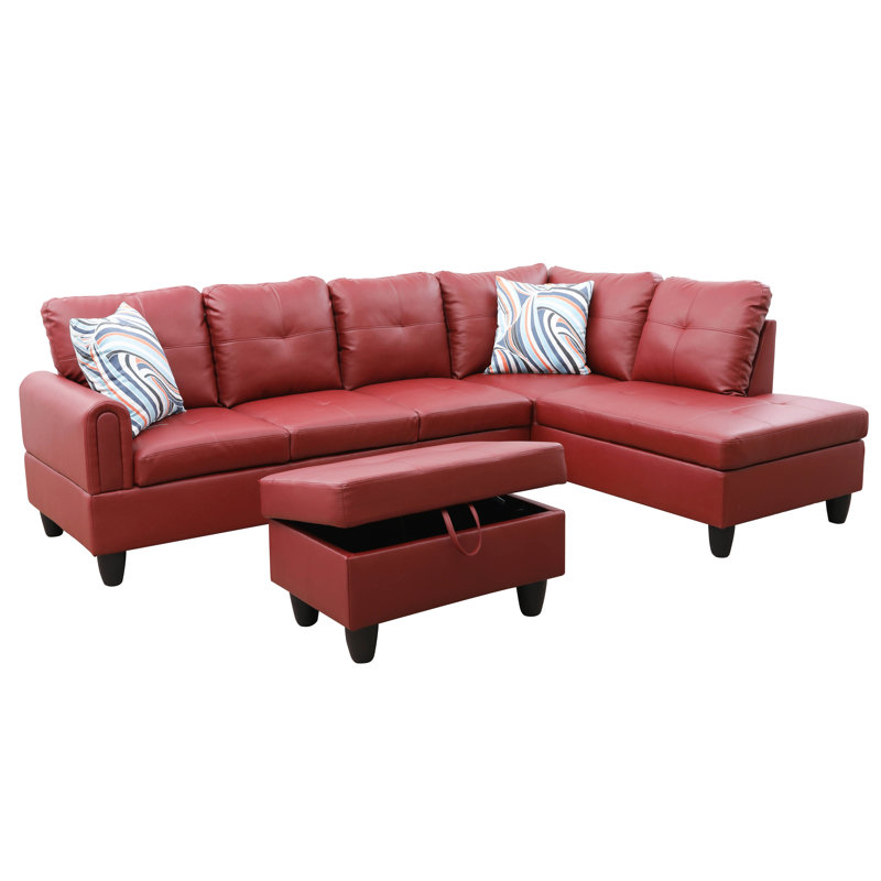 Jayzen 3 - Piece Vegan Sectional, Left Hand Facing, Black, Red Faux Leather