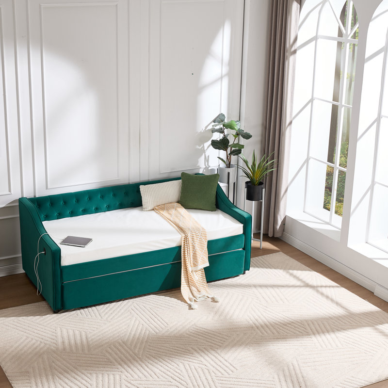 Twin Size Upholstered Daybed With Trundle,USB Port ,Side Pockets,Velvet Daybed With Button On Back And Piping On Waved Shape Arms