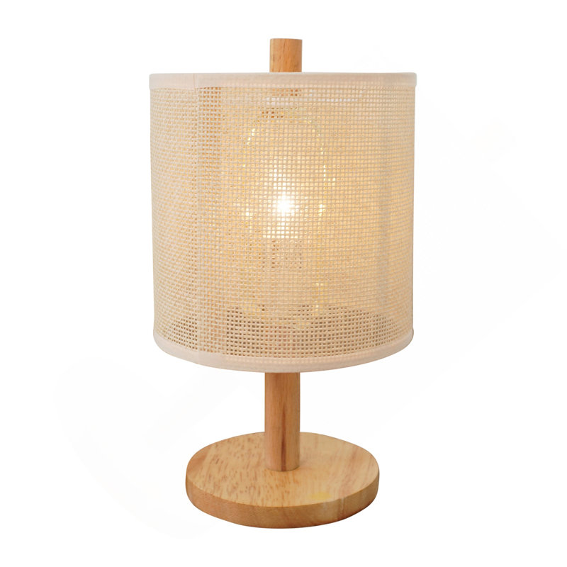 Lampe de table Levio, base en bois de chêne naturel avec abat-jour en lin, matériau de tissage en rotin de papier 110-120 V