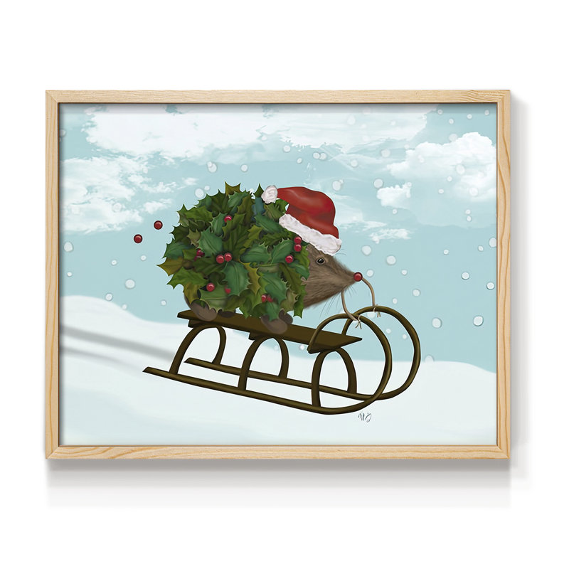 Traîneau de Noël hérisson de Noël - impression encadrée - réaménageable, Naturel, H 22 po x l 28 po