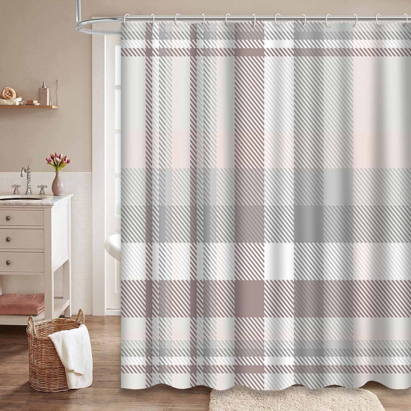 Rideau de douche écossais à carreaux gris et blanc avec 12 crochets, L 72 po x l 84 po