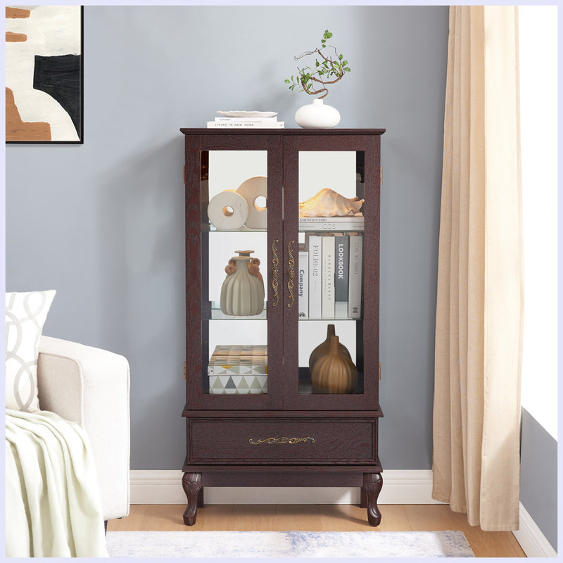 Modern Cabinet Sideboard with Adjustable Glass Shelves 2 Doors and 1 drawer, Dark Cherry