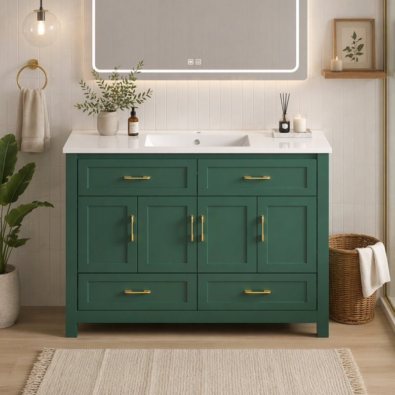 Ensemble de meuble-lavabo vert 48 po avec lavabo en résine, armoire de rangement abondante - 4 portes à fermeture douce et 4 tiroirs