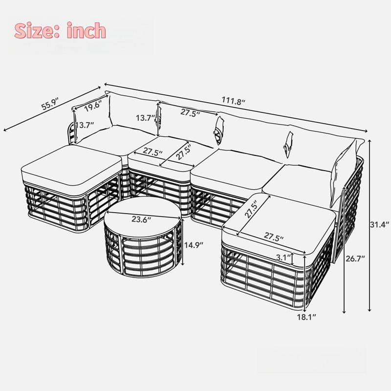 Ensemble de canapé modulaire en rotin pour l'extérieur 7 pièces avec six sièges individuels et une table basse ronde et des oreillers