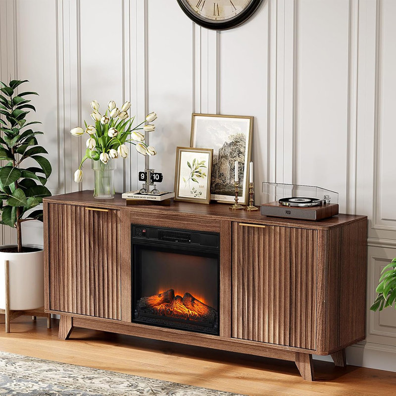 Meuble télé avec foyer cannelé - meuble télé avec foyer électrique, tablettes réglables et console multimédia pour le salon, noyer