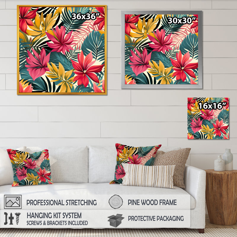 Motif de jungle, feuilles de palmier II - art mural jungle, Cadre flottant doré, H 30 po x l 30 po x P 1,5 po