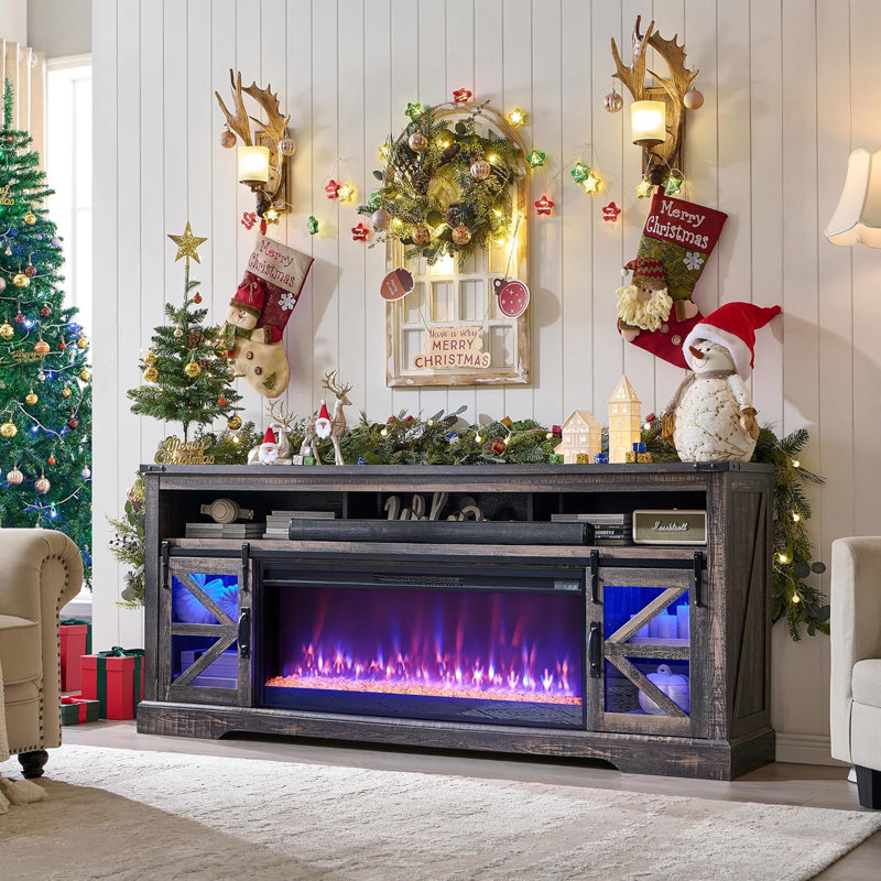 Taye 2-Cabinet TV Stand Fireplace, Dark Rustic Oak