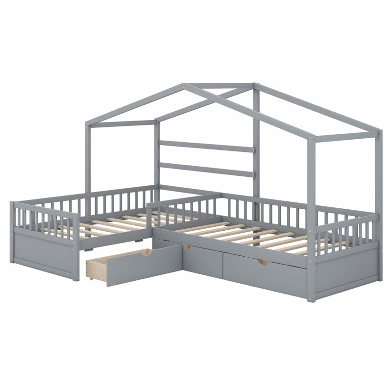 Lit plateforme House avec trois tiroirs de rangement, Gris