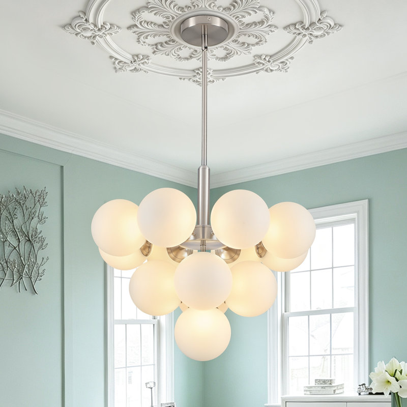 George Oliver 13-Light Dimmable Modern Nickel Atomic Tiered Cluster Chandelier, Opal Glass Globe Bubble Shade for Mid-Century Living Room