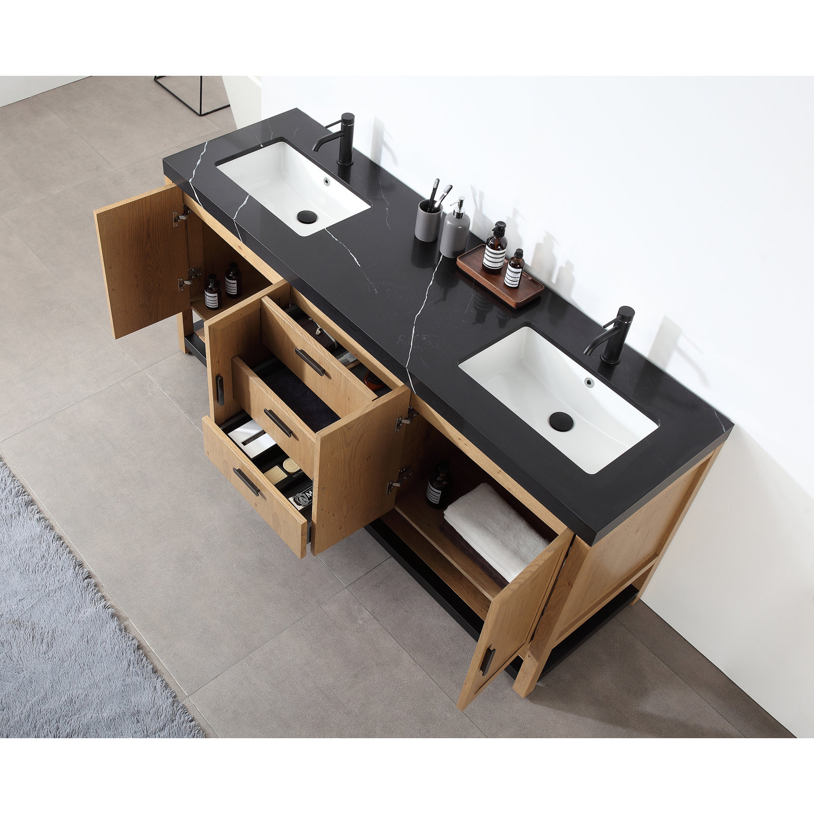 Winchester 72" Double Bathroom Vanity, Pecan Oak, Black