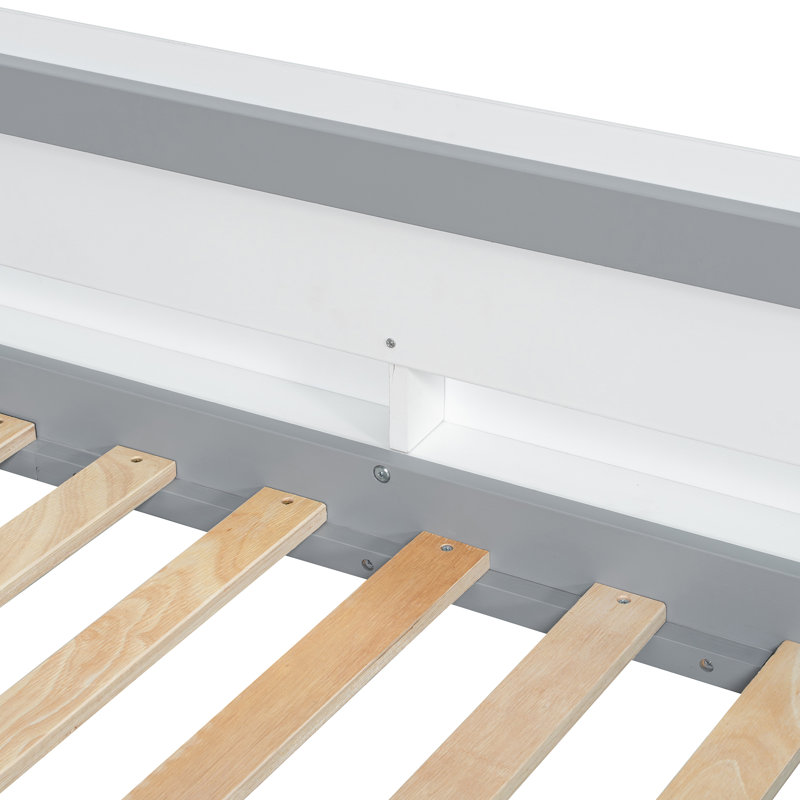 Lit superposé en bois en forme de maison avec glissière et escalier de rangement, lit simple au-dessus de simple / simple, gris et blanc