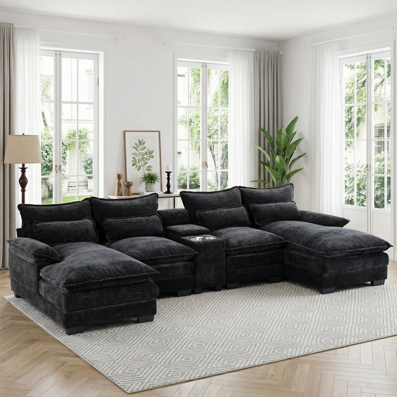 123" Modern U-Shaped Sectional Sofa With Console, Cup Holders And Usb Charger, Black Polyester