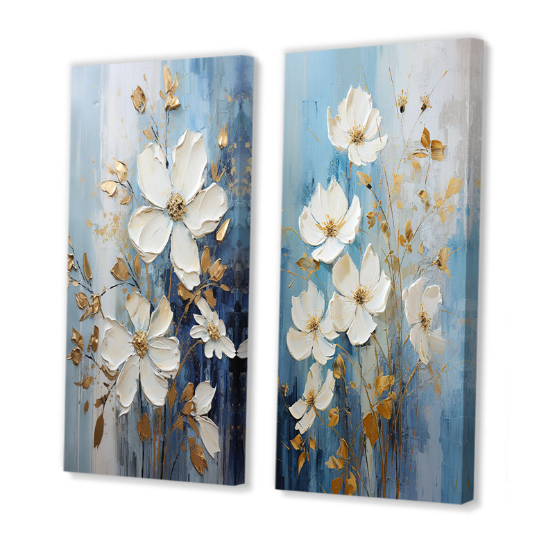 Ensemble de 2 reproductions d'art murales beiges et dorées Seasonal Serenity Blooms, Toile tendue, H 28 po x l 25 po