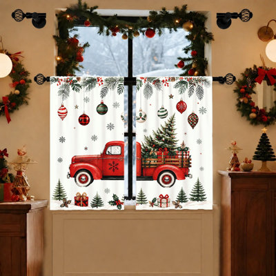2Pcs Christmas Truck Curtains, Light Filtering Fabric, Vintage Red with Tree Print, Holiday Themed for Living Room, Bedroom, Home Decor