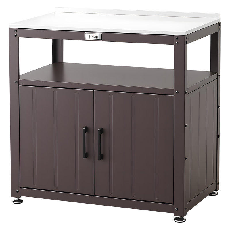Banc de rempotage en acier 31,5 po Feasto avec plateau en acier inoxydable, table de jardinage résistante aux intempéries avec armoire de rangement et pieds réglables
