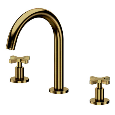 DL Deck Mounted Double Handle Bathroom Faucet in Brushed Gold