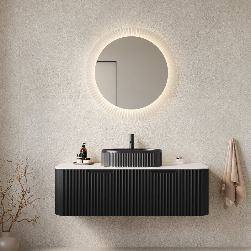 Armoire moderne et durable en contreplaqué pour salle de bain chic avec lavabo en céramique noire - parfaite pour un rangement élégant