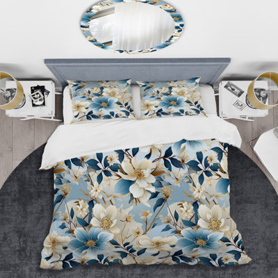 Motif floral blanc et bleu - Ensemble de housse de couette floral - Polyester microfibre