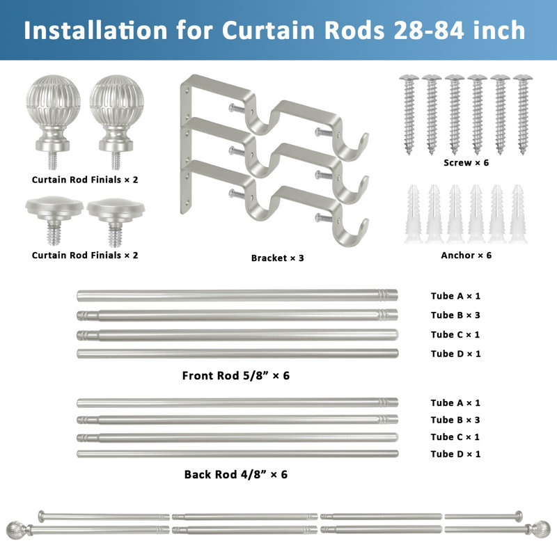 Tringles à rideaux réglables à épissage double avec volutes, 28" - 84", Argent argent