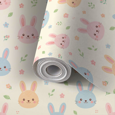 Peel and Stick Wallpaper Contact Paper Cute Pastel Bunny Faces Leaves Self Adhesive and Removable 17.7in x 118in(45x300cm)