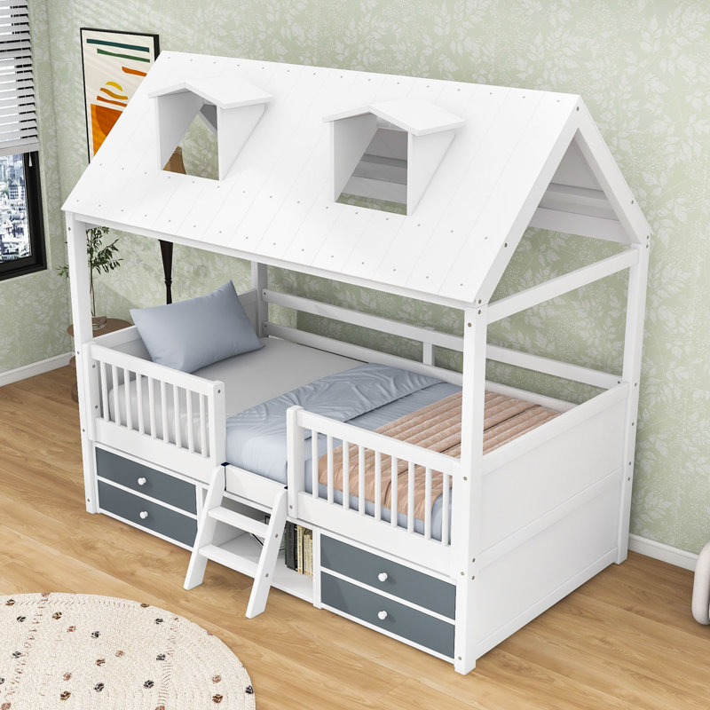 Wooden House Bed Frame With Charming Roof Skylights And Ample Storage, Twin, White