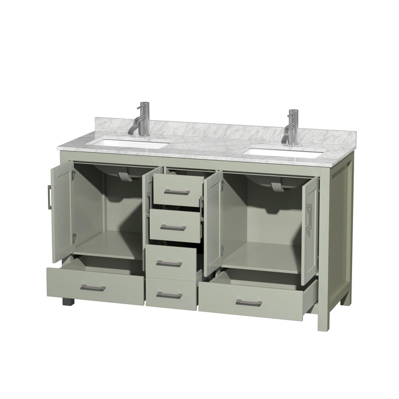 Sheffield 60" Double Bathroom Vanity Set, White Carrara, Light Green