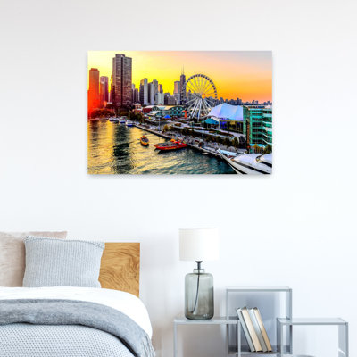 Navy Pier with Ferris wheel at sunset Chicago Illinois USA 1 Piece Wrapped Canvas Wall Art