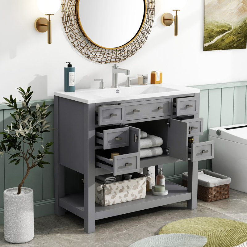 Meuble-lavabo 36 po avec lavabo supérieur, armoire de rangement moderne avec 2 portes à fermeture douce et 6 tiroirs, meuble-lavabo simple