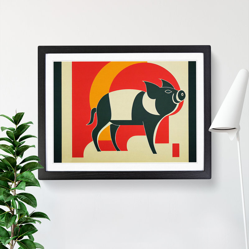 Art Deco Pig Abstract - Single Picture Frame Print, 34cm H x 46cm W, Black