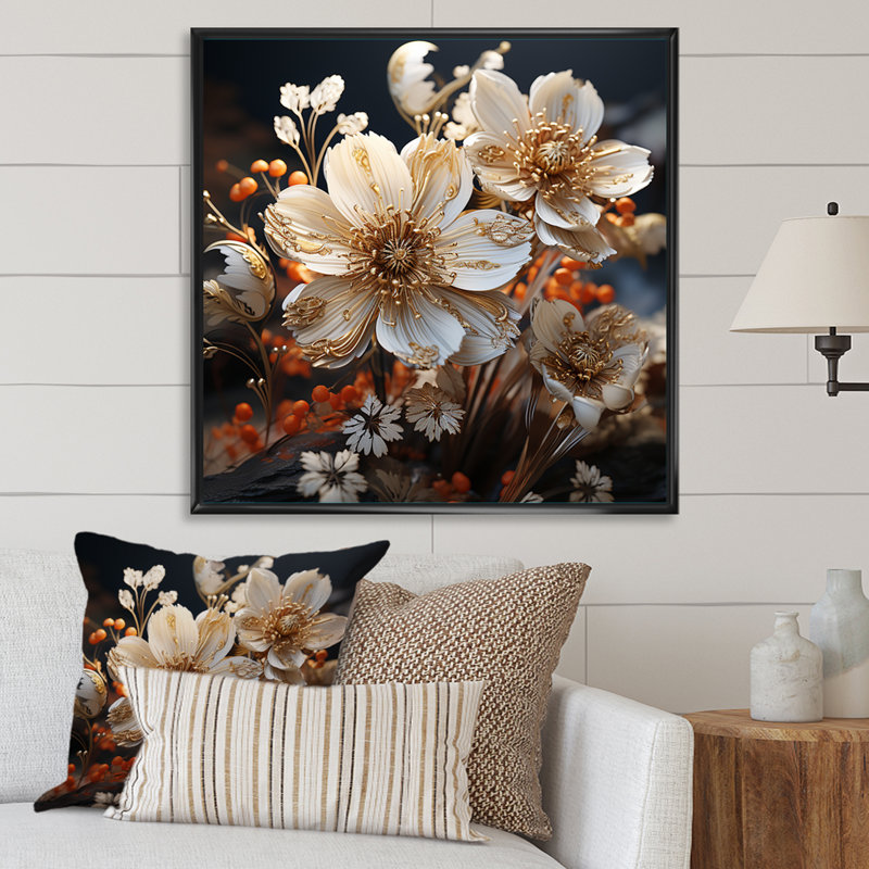 «Vintage Gold and White Botanical Herbs» sur impression sur toile, H 16 po x l 16 po x P 1 po, Cadre flottant noir