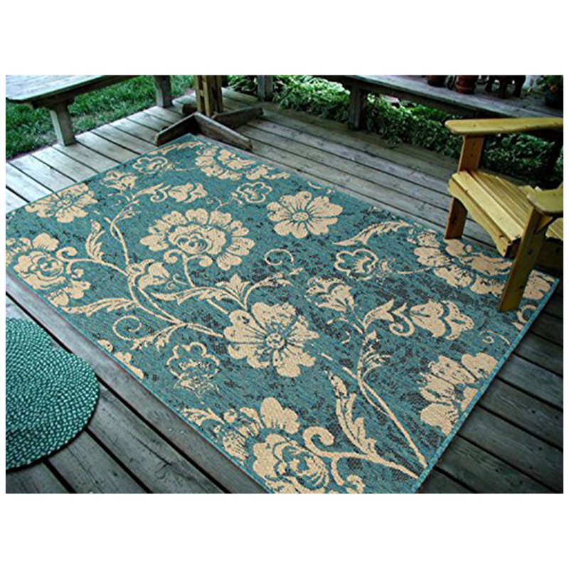 Tapis bleu/beige à motif de feuilles Derlyum, Rectangle 6 pi 7 po x 9 pi 7 po