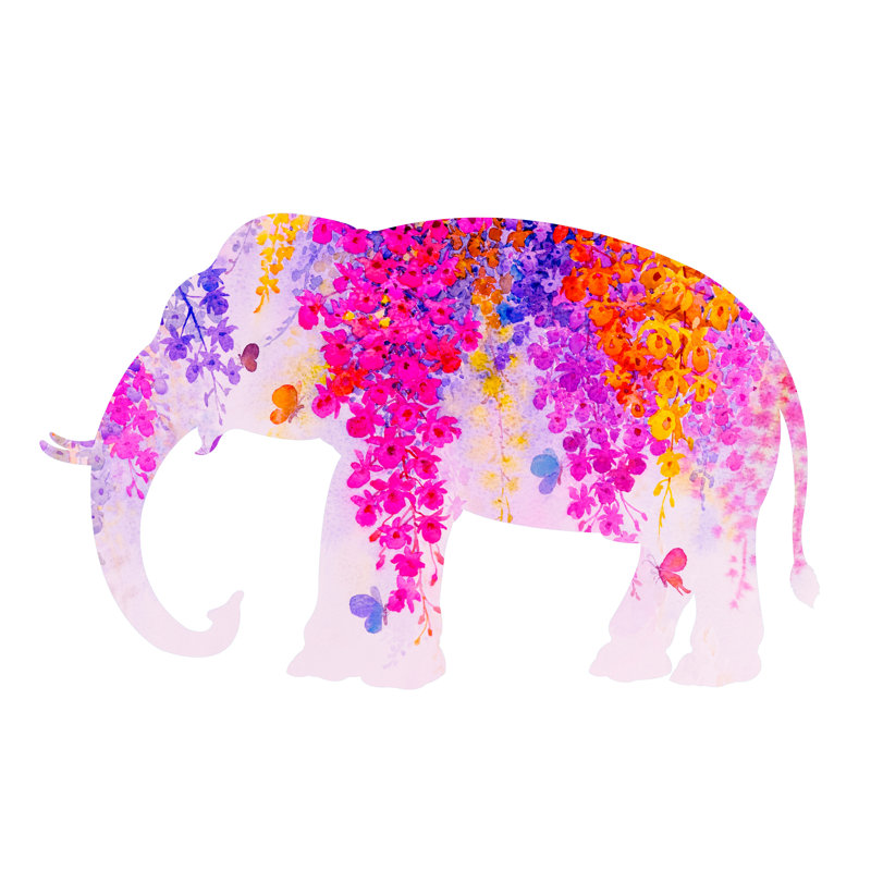 Éléphant en fleurs sur fond blanc rose, H 16 po x l 24 po x P 1,5 po