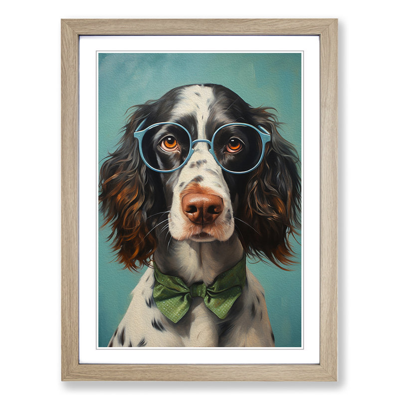 English Springer Spaniel With Glasses - Single Picture Frame Print on Wood, 46cm H x 34cm W x 2cm D, Oak