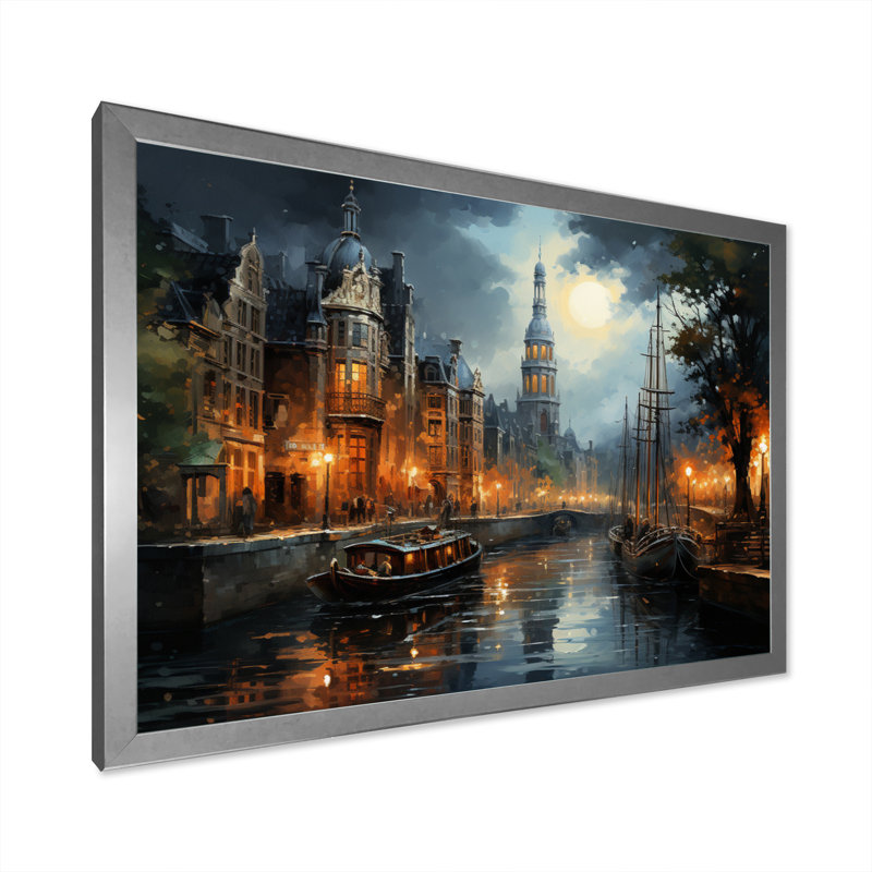 «Danemark Amsterdam Canal at Night I», reproduction sur toile, H 30 po x l 40 po x P 1,5 po, Cadre photo argenté