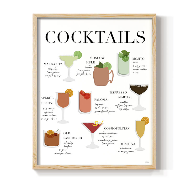Cocktail Chart Framed Print - Solid Wood, Natural, 11" H x 9" W