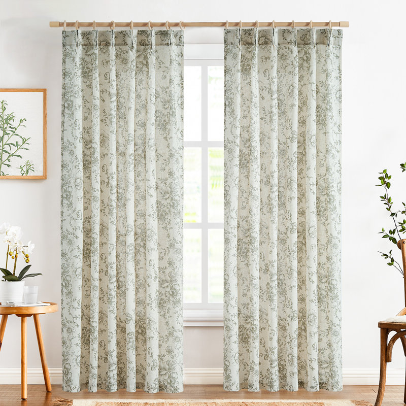 Linen Blend Pinch Floral Curtains with Hooks Curtain Pair, Pleated Green, 40" W x 84" L